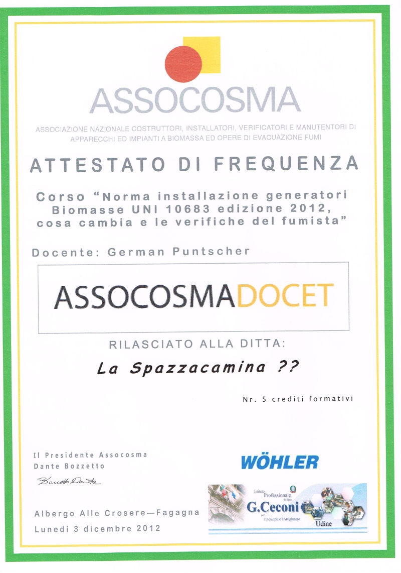 Attestato spazzacamini treviso